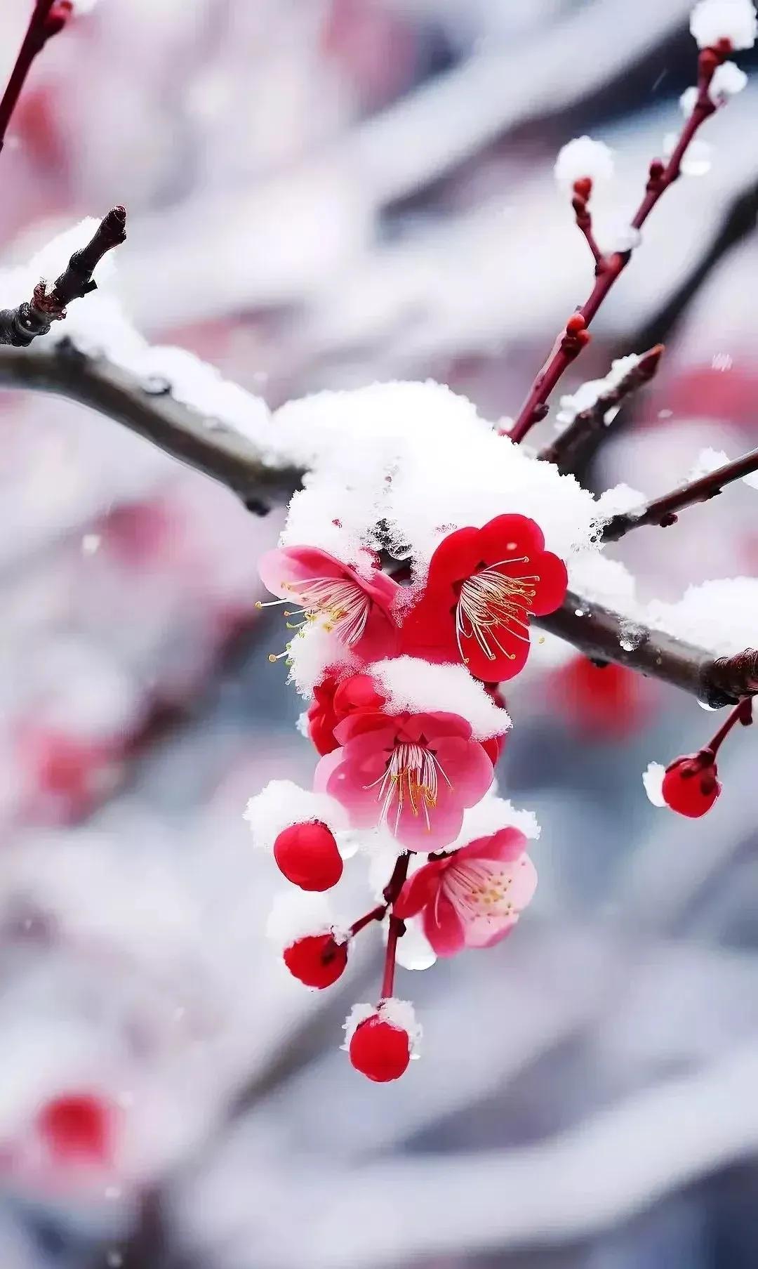 下联：今朝瑞雪映红梅。