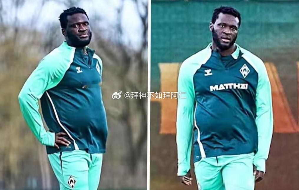 近日，遭遇膝盖重伤的不莱梅前锋博尼法斯开启了手术后的恢复训练，然而当他以一副大腹