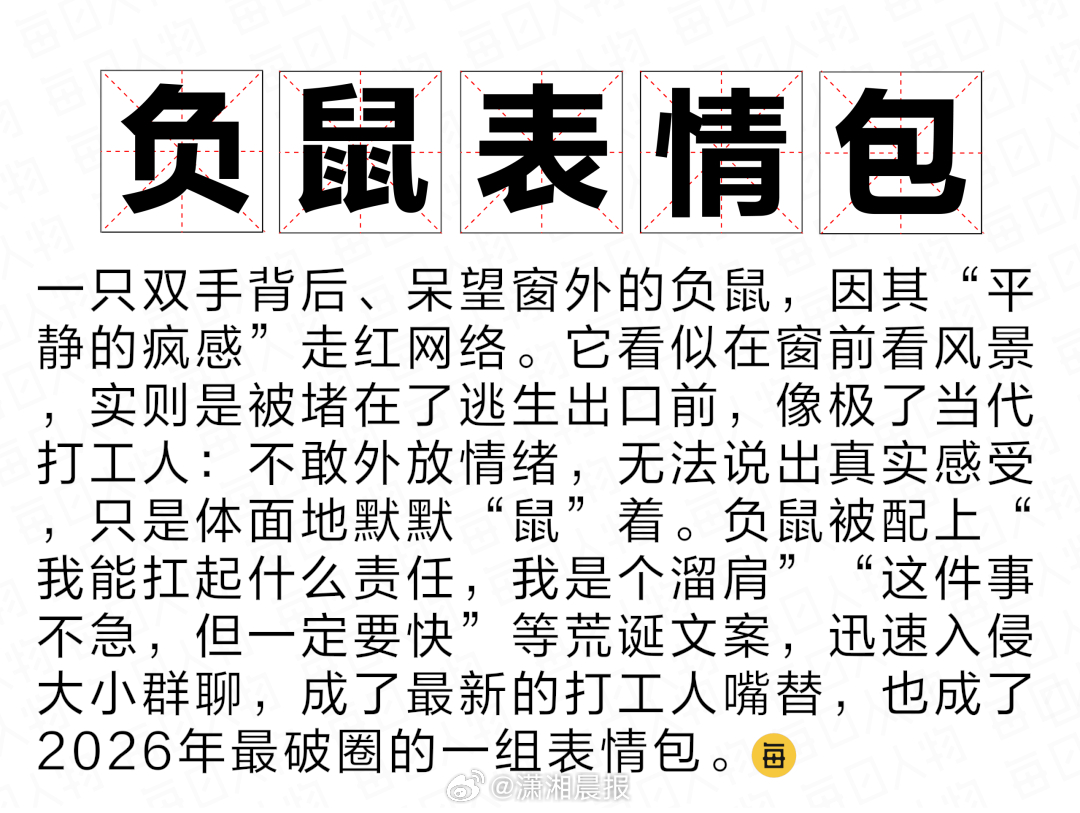 【#2026年最火表情包出现了#】近日，负鼠表情包爆火。短短两周多，某社交平台里