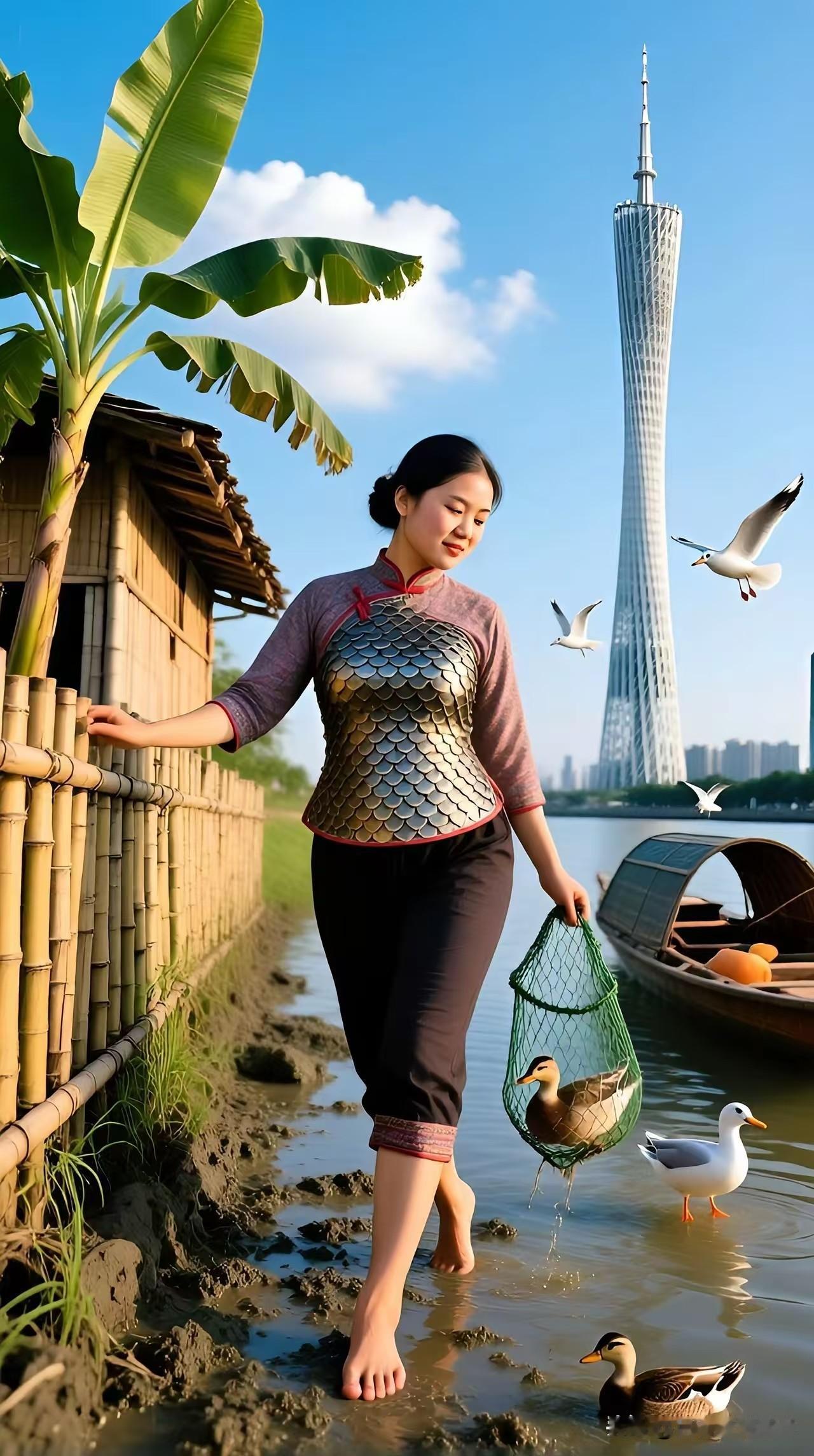 钗头凤·珠江渔女
 
蕉阴覆，竹篱曲，小蛮遥倚晴川绿。
鳞衣灿，清波漫，网携轻鸭
