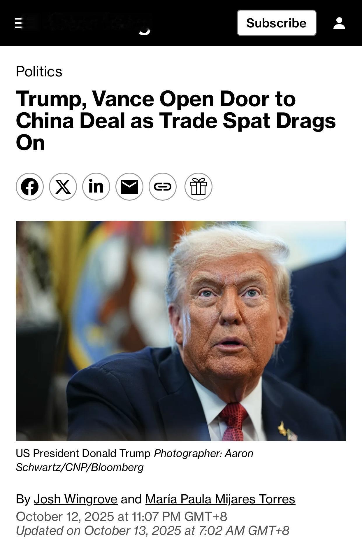 美媒：特朗普和万斯对中国示意愿谈判

美国彭博社官网10月12日报道、10月13