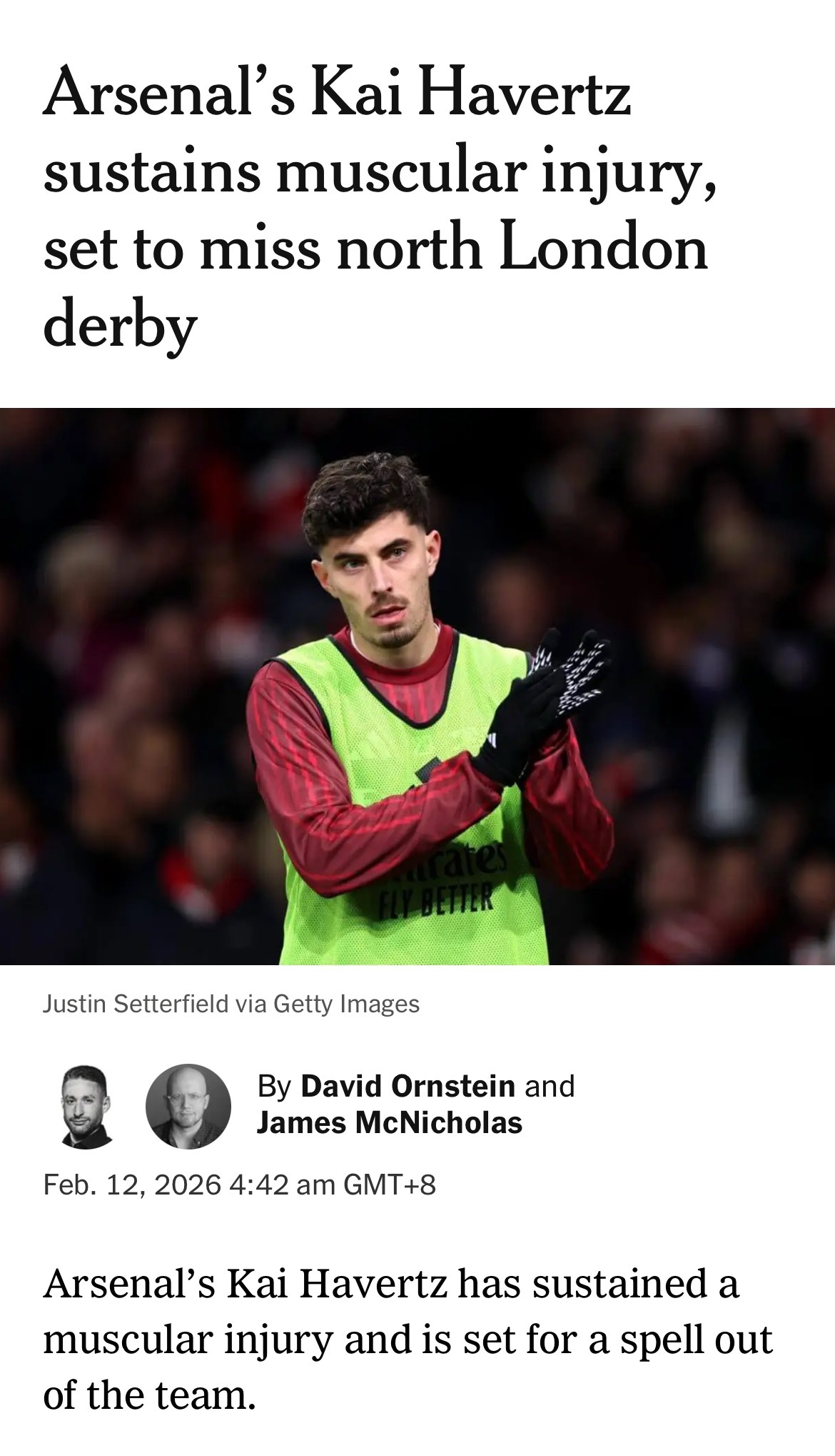 David Ornstein：哈弗茨肌肉拉伤，预计将错过北伦敦德比。这次新出现的