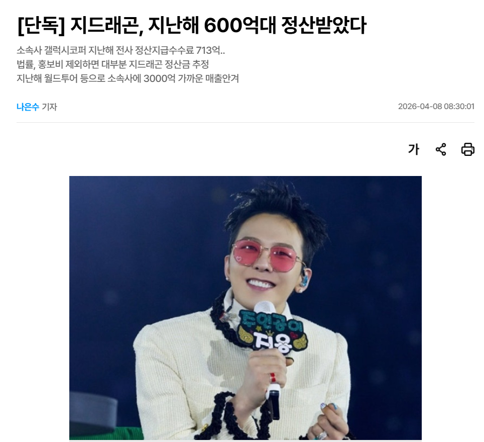 独家：权志龙去年获得600亿韩元结算据悉，权志龙去年从所属社GALAXY COR