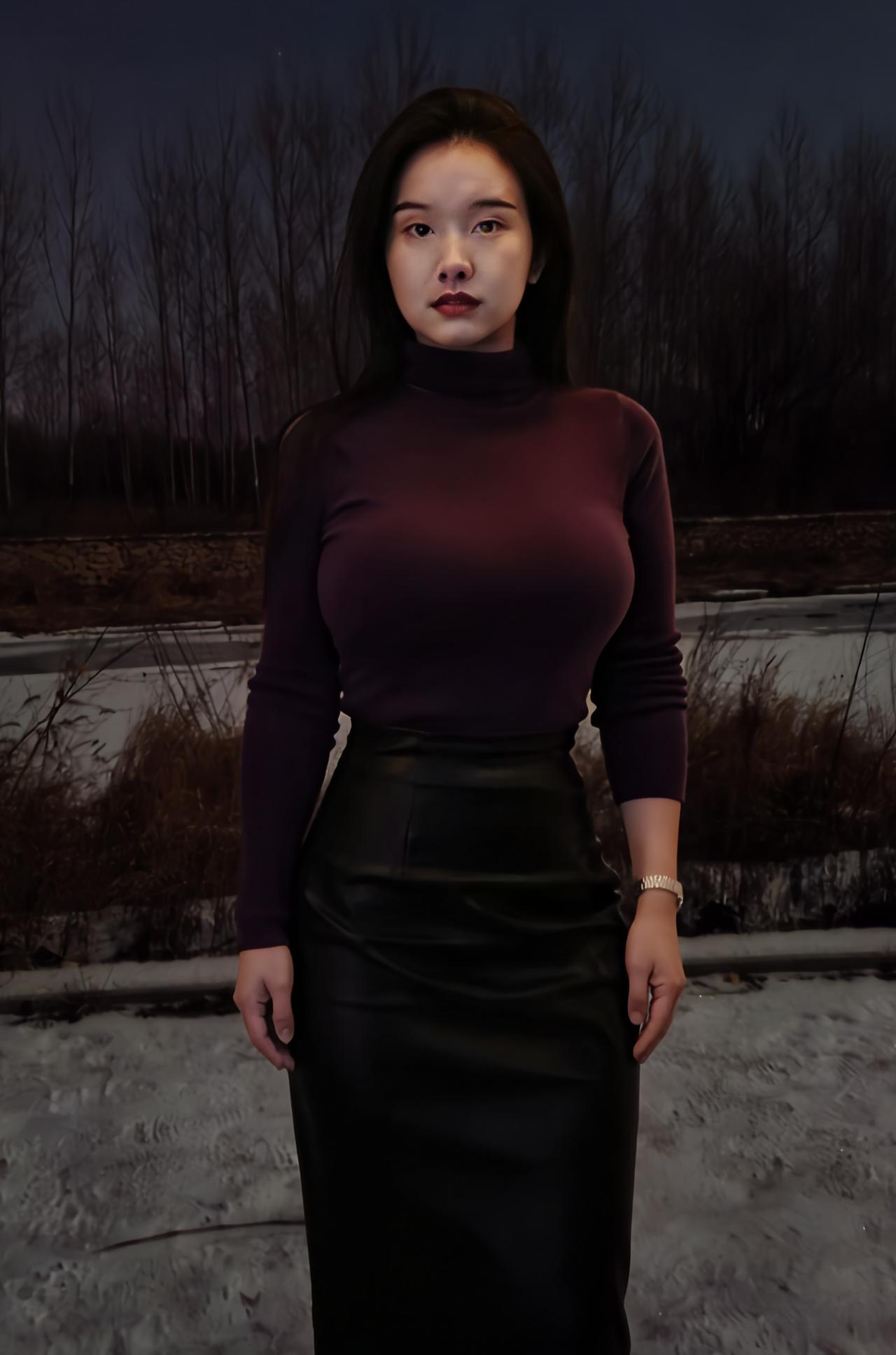 霜天漫野覆轻尘，荒径孤影立水滨。
紫褐衫藏温软意，黑裙曳着冷寒身。
眸凝夜雾藏千