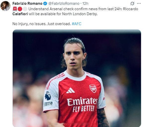 加图索这人能处！罗马诺更新社媒：卡拉菲奥里可以出战北伦敦德比，没有伤病，没有其他