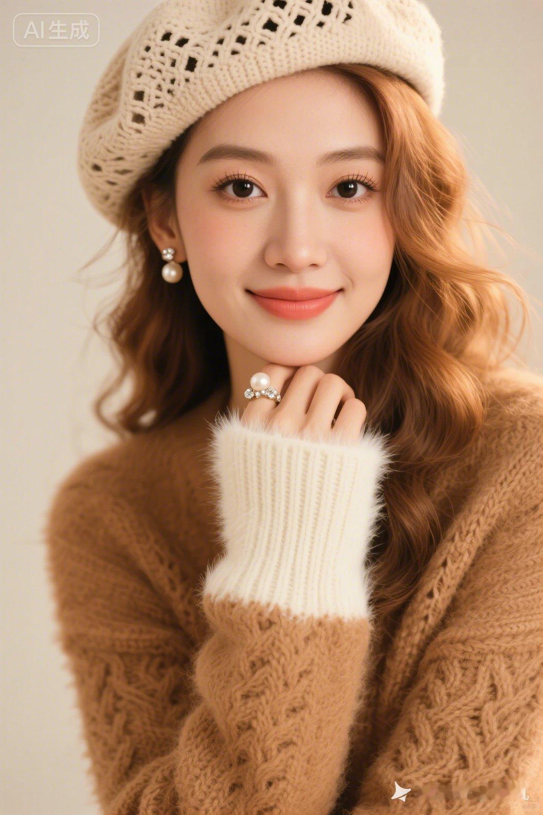 冬日暖阳下的温柔女孩，毛绒毛衣与珍珠耳环的完美搭配，尽显冬日温暖与甜美。
