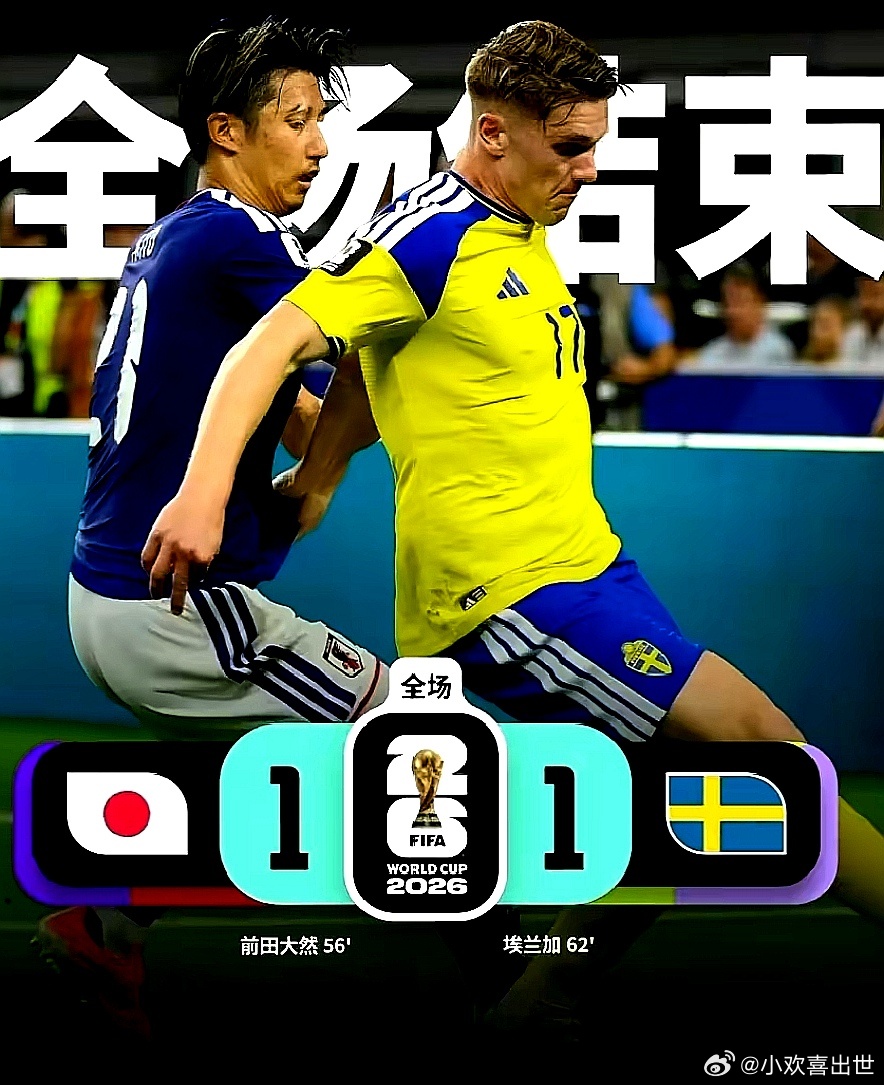 2026美加墨世界杯，日本1-1与瑞典战平，小组第二出线，淘汰赛将对阵巴西队 