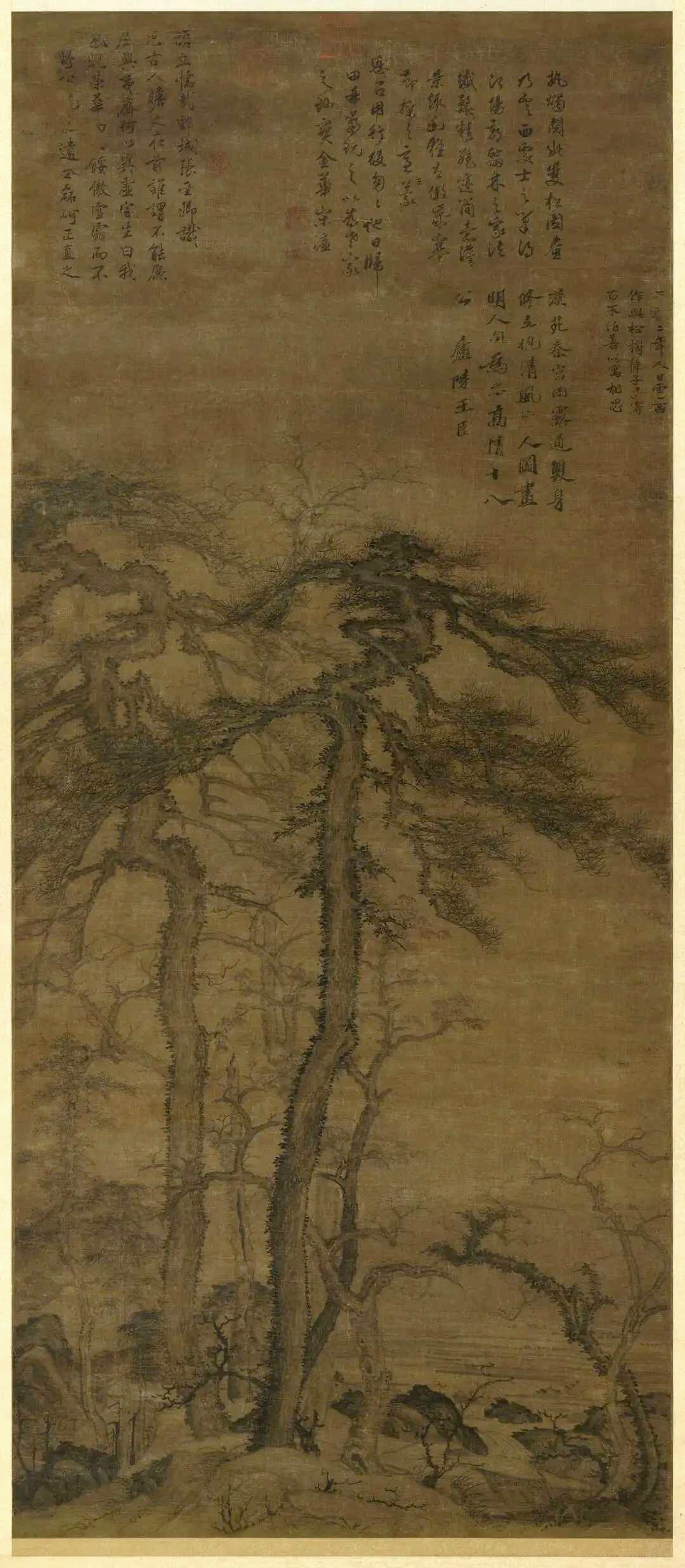 元 曹知白《双松图》，绢本 立轴 水墨 132.1x57.4 厘米，台北故宫博物