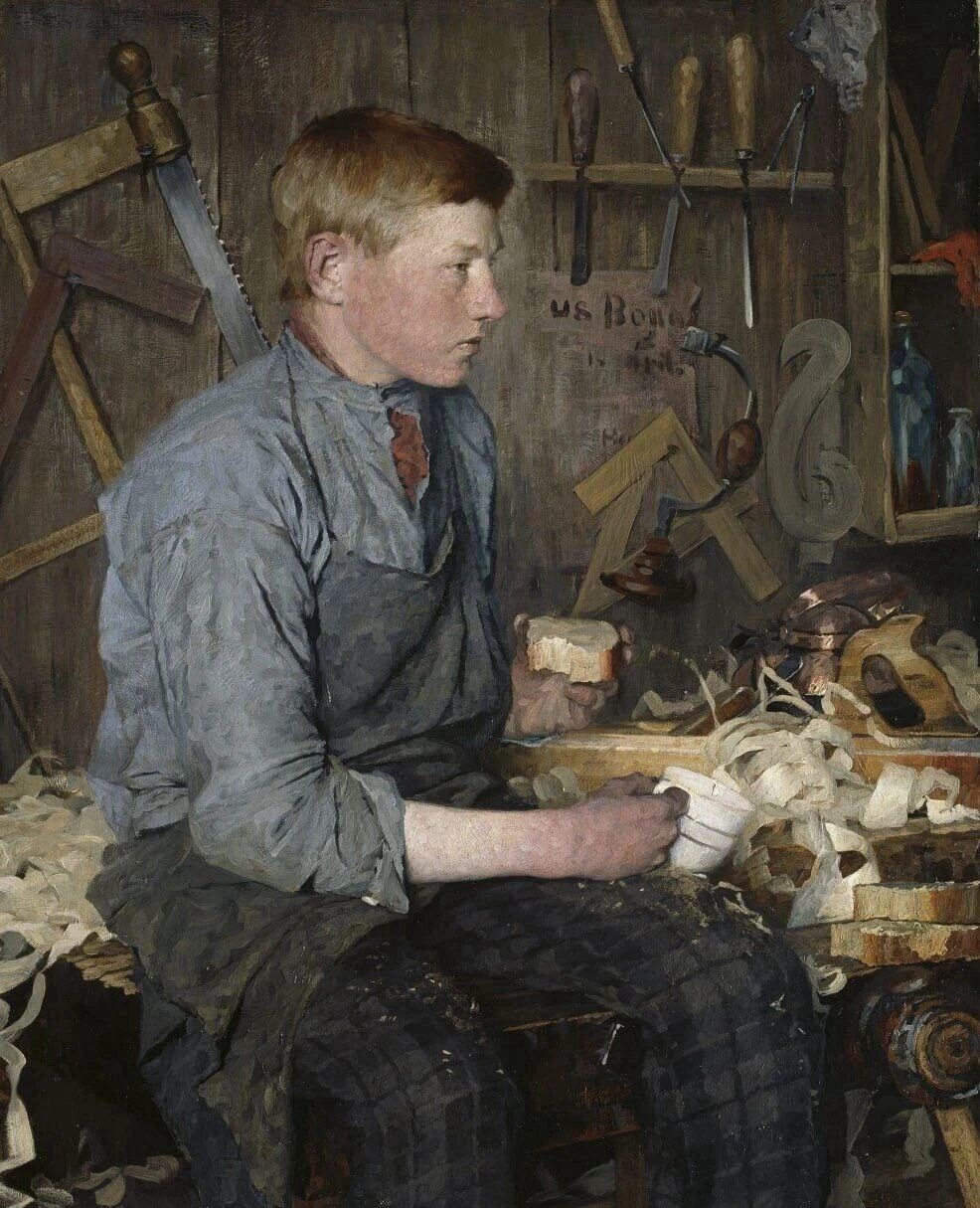 挪威画家Fredrik Kolstø代表作《年轻的木匠》1886年的写实作品，完