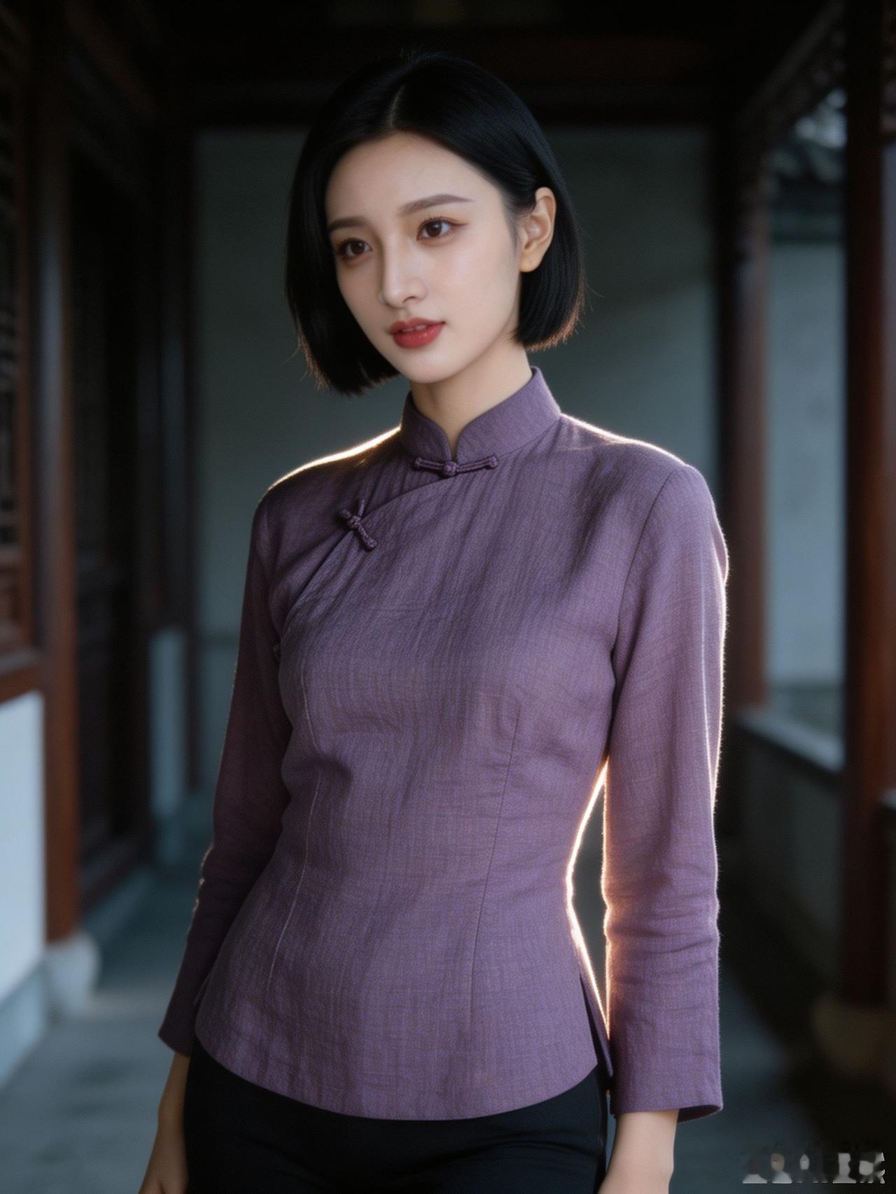 一个穿紫色衬衫的女孩站在走廊里。
