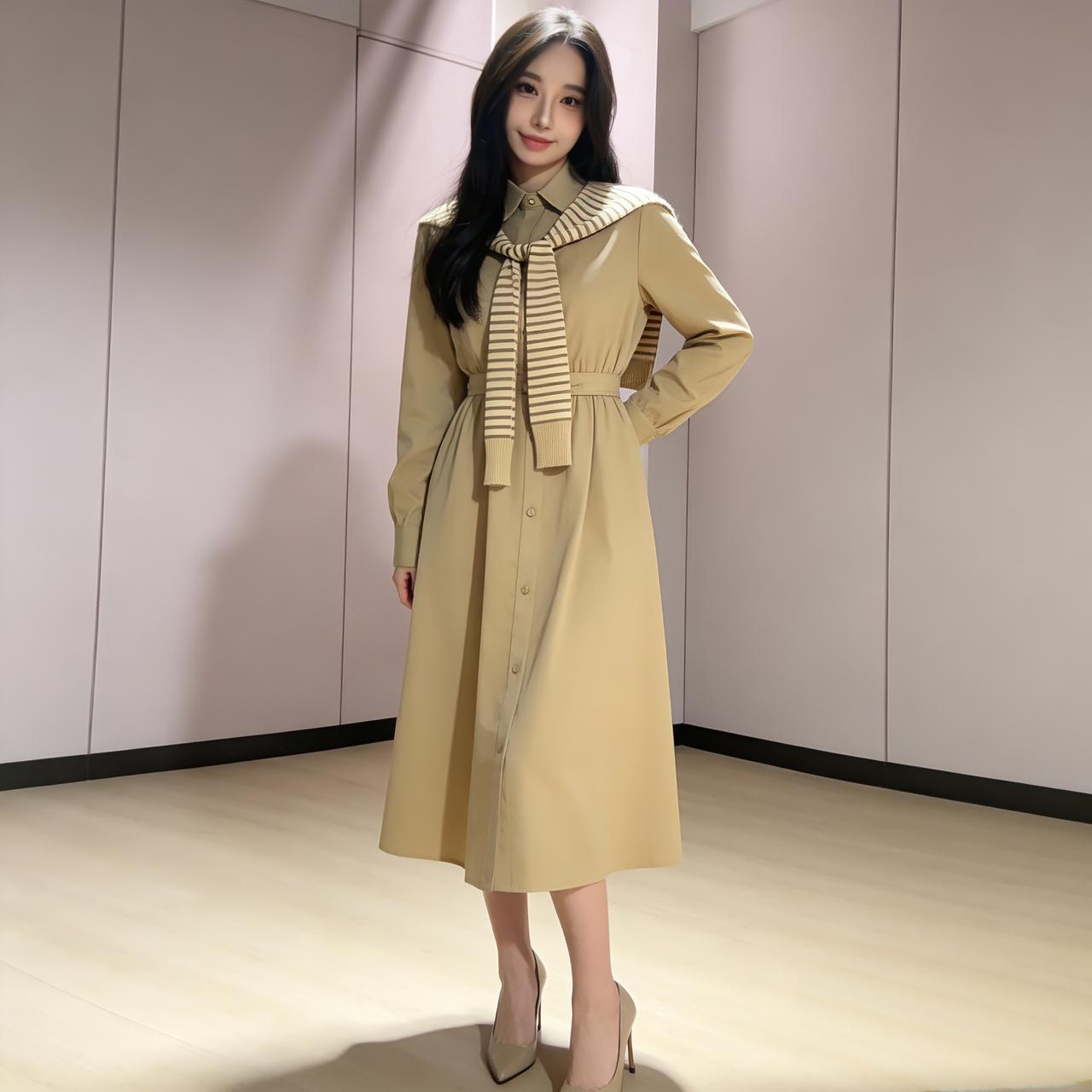 卡其色衬衫裙+条纹披肩，
松弛感穿搭，温柔又显气质！