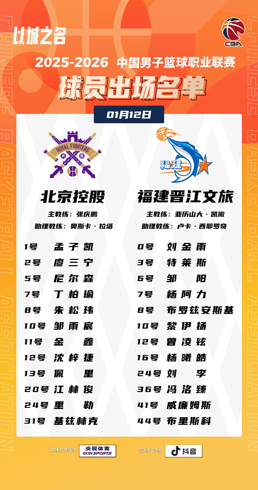 【大名单出炉】2025-2026赛季CBA联赛常规赛第十四轮今晚开打，3场比赛将