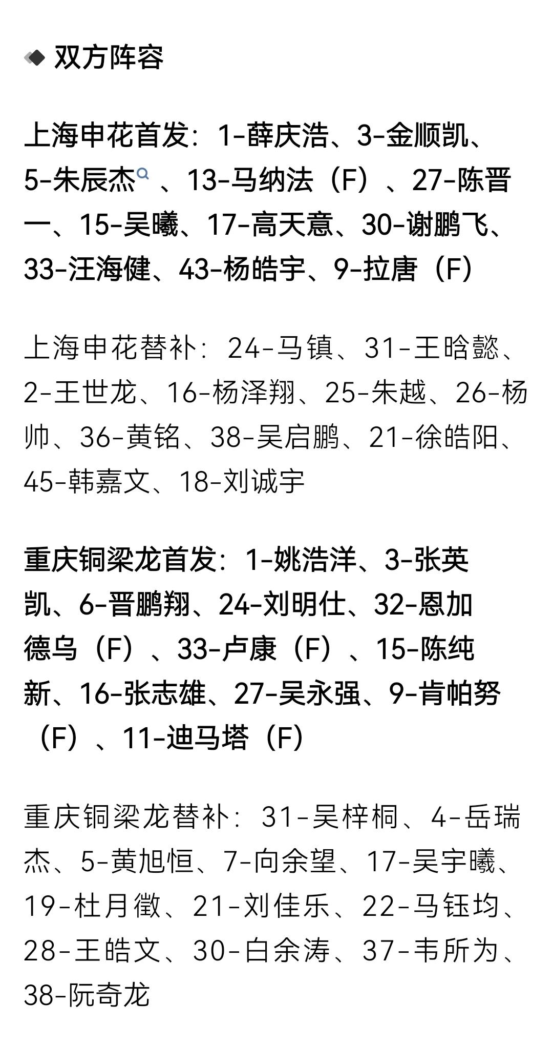 中超第11轮，上海申花对阵重庆铜梁龙首发替补名单
上海申花2外援首发对阵重庆铜梁