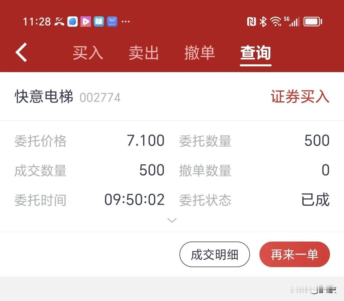 今天错失24.7的葵花药业，只有再等25元以下的机会了。买了几手快意电梯，补充我