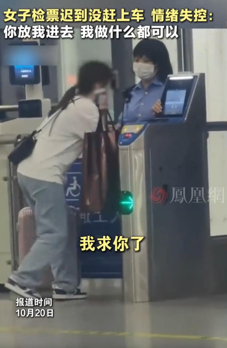 一名女子赶高铁，只差几分钟没赶上检票，跪在检票口求工作人员放她进去，这事在网上吵