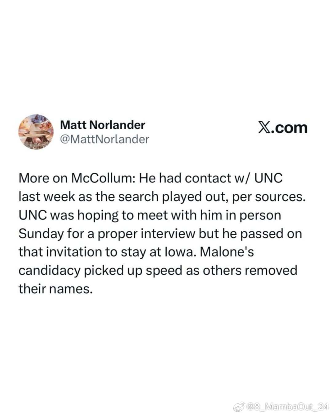 据Matt Norlander报道，爱荷华大学主教练本·麦科勒姆(Ben McC