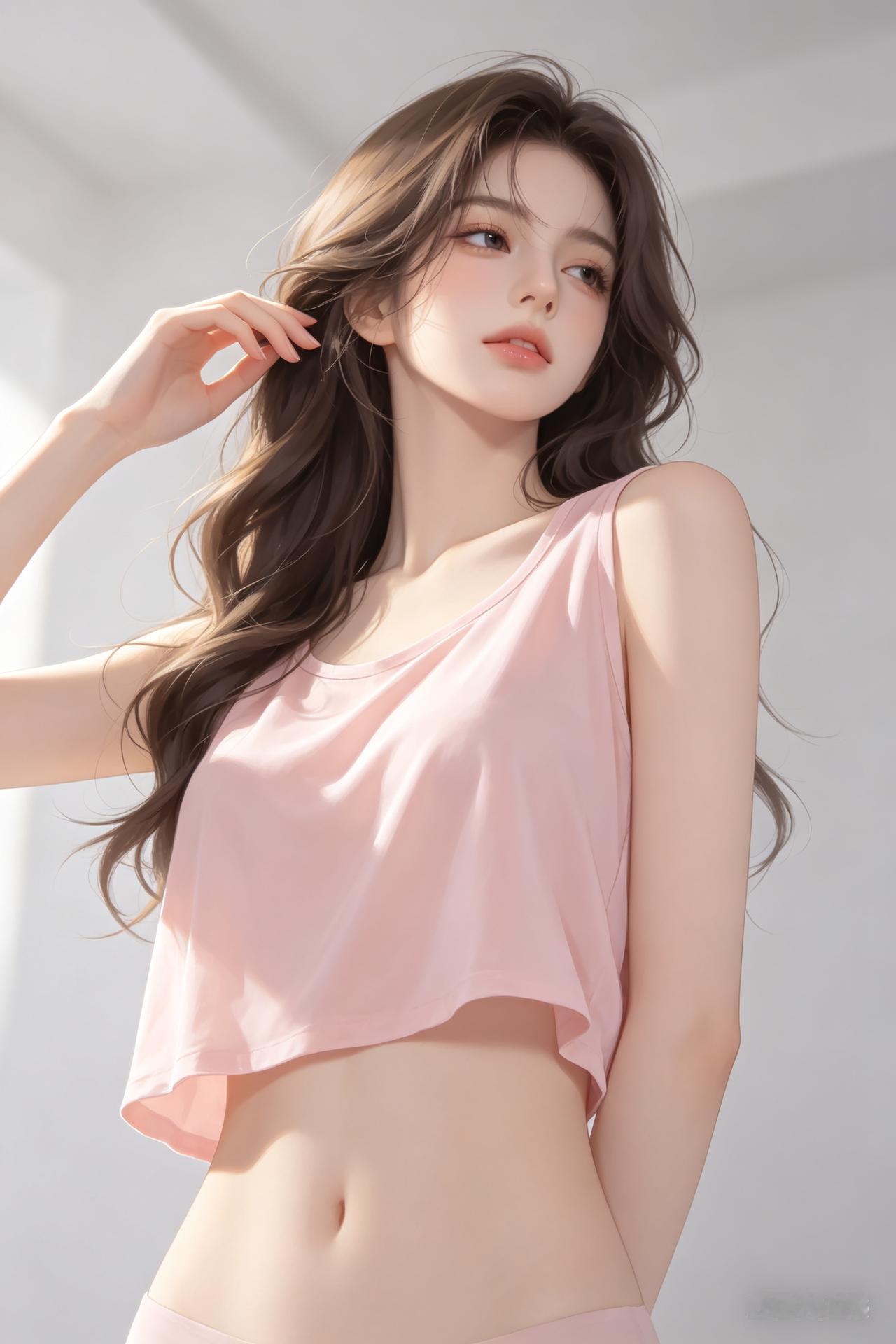 长卷发女生轻撩发丝，精致五官冷白皮，柔粉无袖短上衣露纤腰，浅灰白极简空间，侧光勾