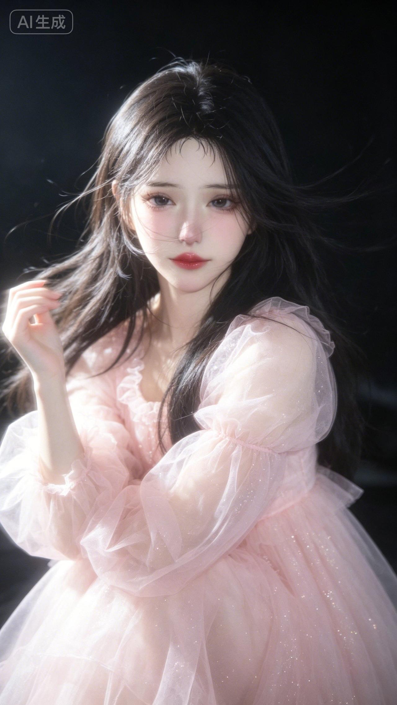 小淘今日穿搭，晚风轻轻撩动长发，浅粉纱裙缀满细碎星光，温柔得像揉碎了一整片晚霞。