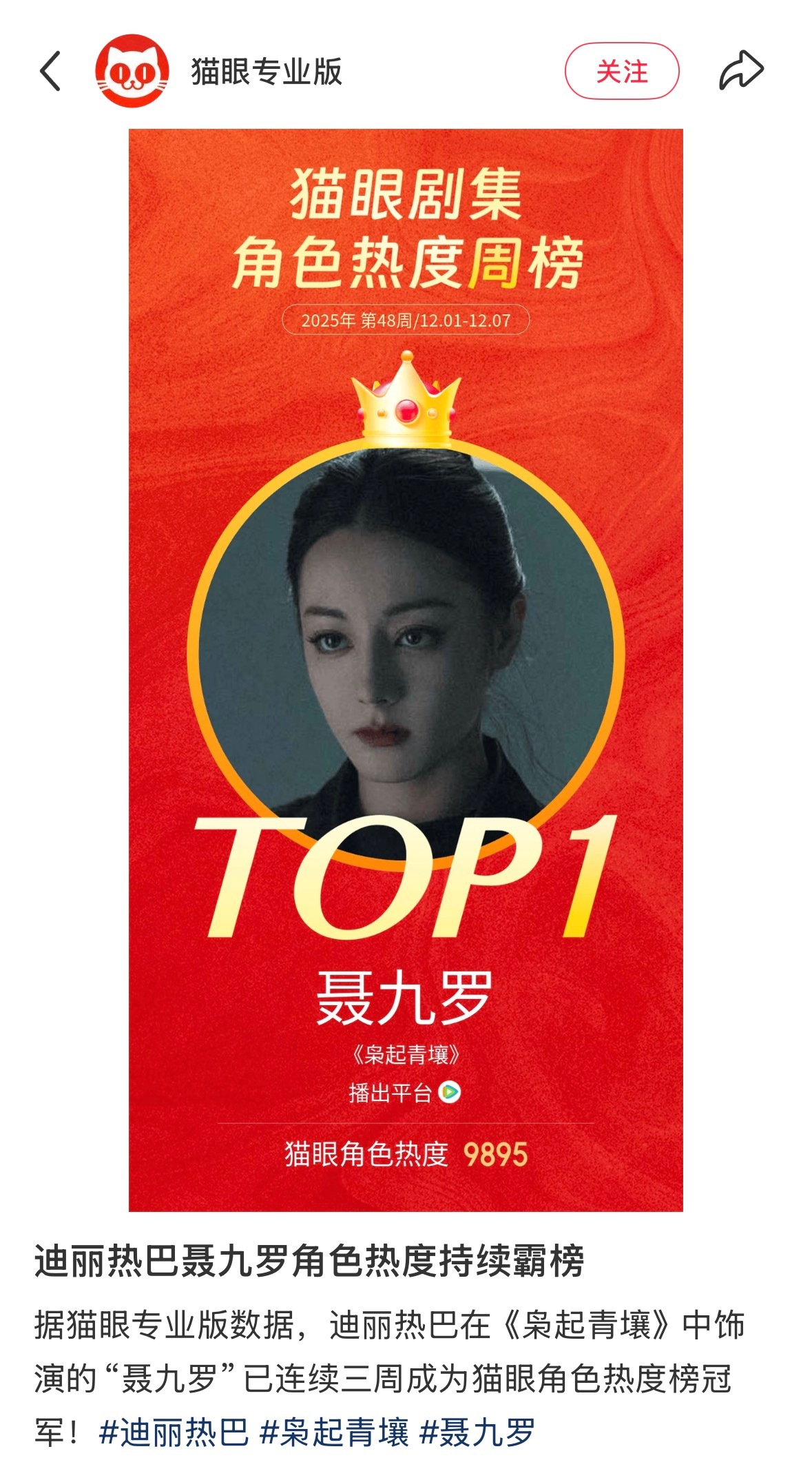 迪丽热巴聂九罗角色热度持续霸榜 