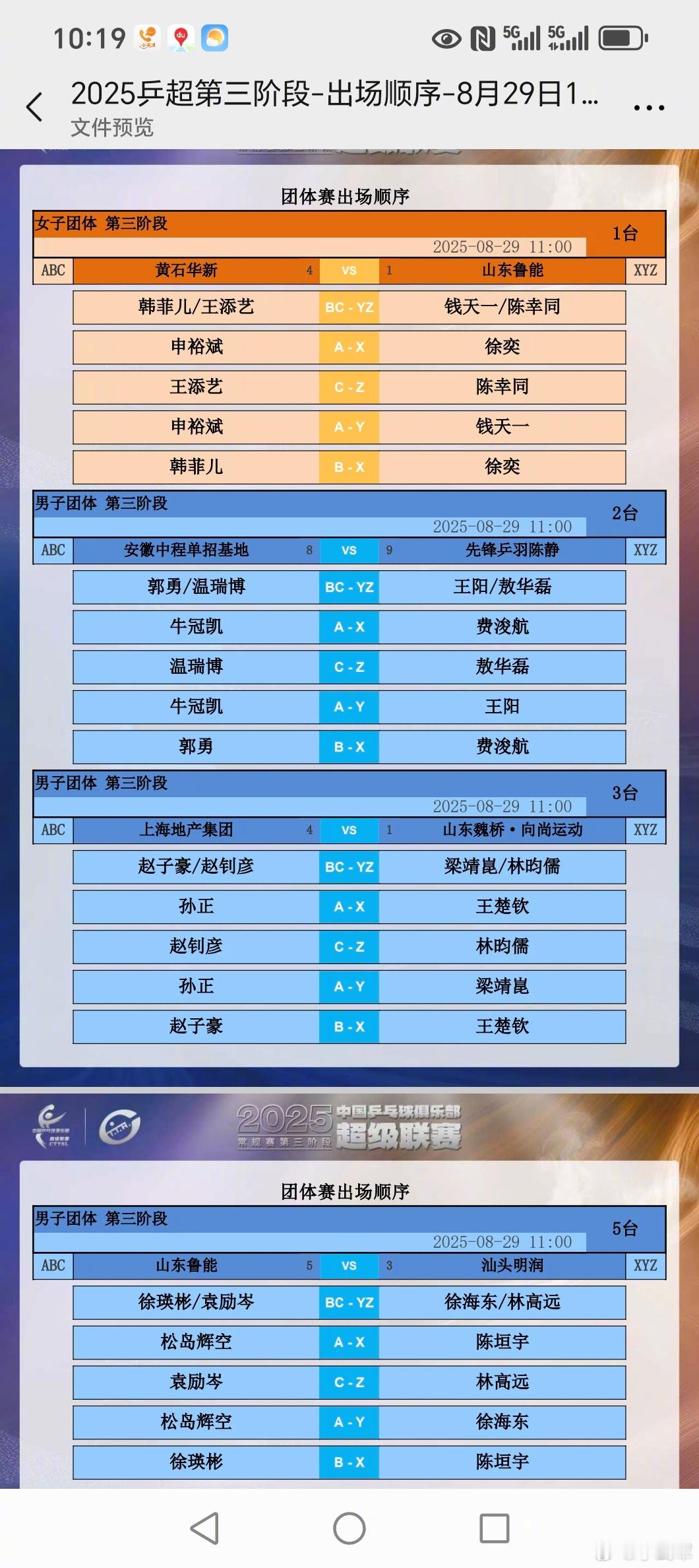 乒超联赛第三阶段29日上午对阵表！ ​​​