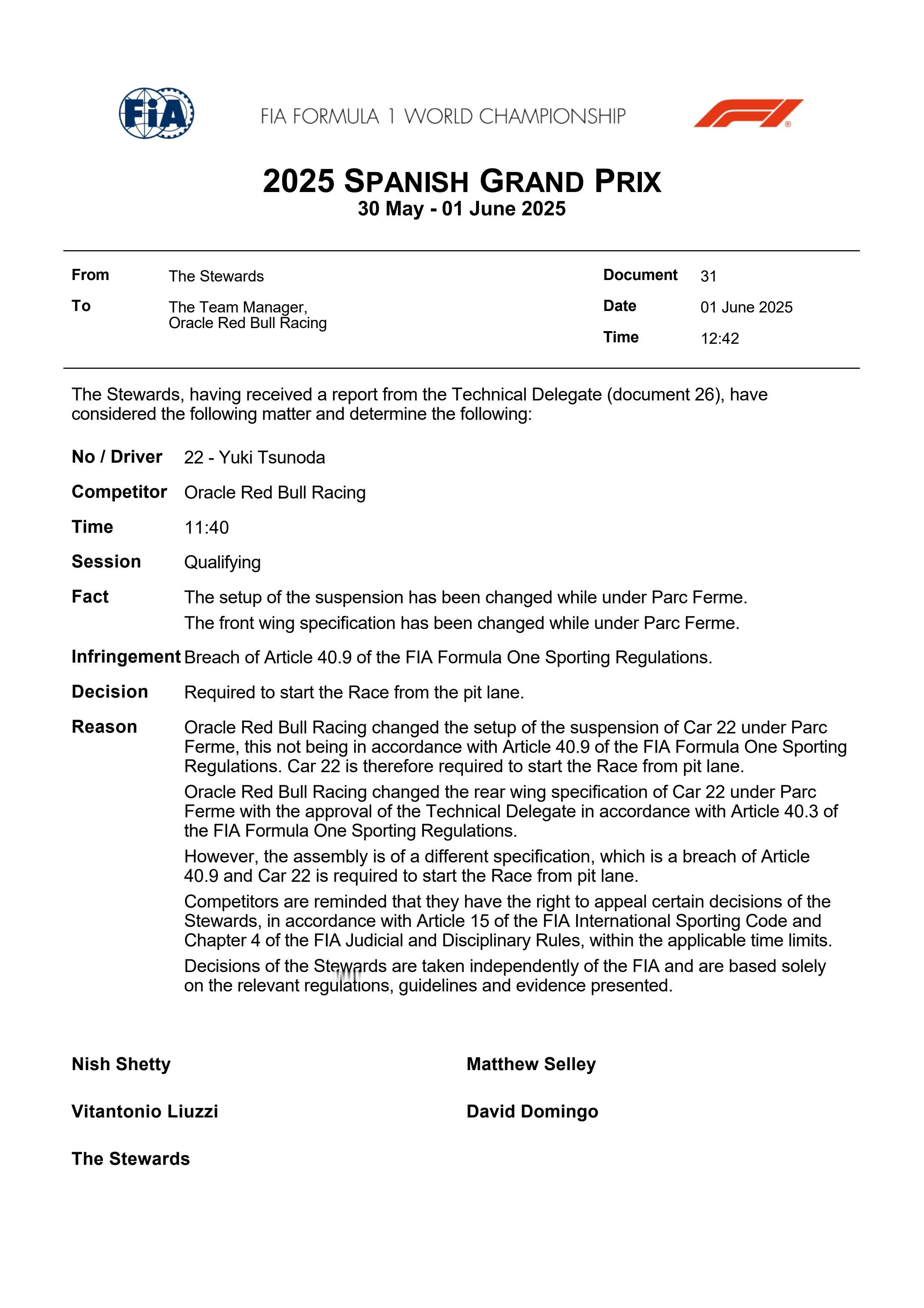 F1 角田裕毅将从维修区中发车。2025F1西班牙大奖赛 ​​​