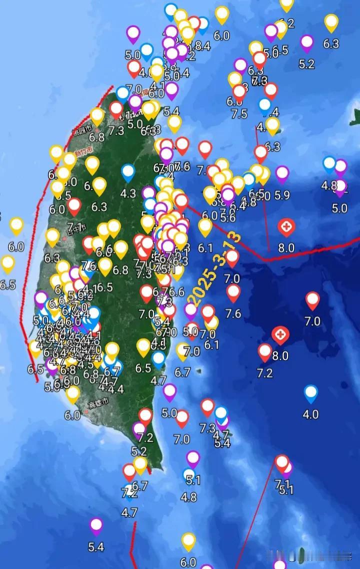 3月13日台湾地震快讯，13时09分在东经12.1.55，北纬23.07的台湾台