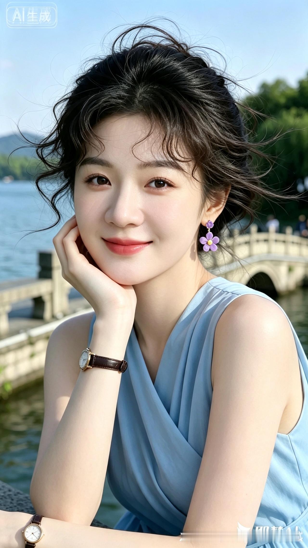 湖畔清妍
柔云漫舞挽青丝，湖畔微风拂黛眉。
紫蕊垂环增雅趣，浅蓝罗袂映冰肌。
腕