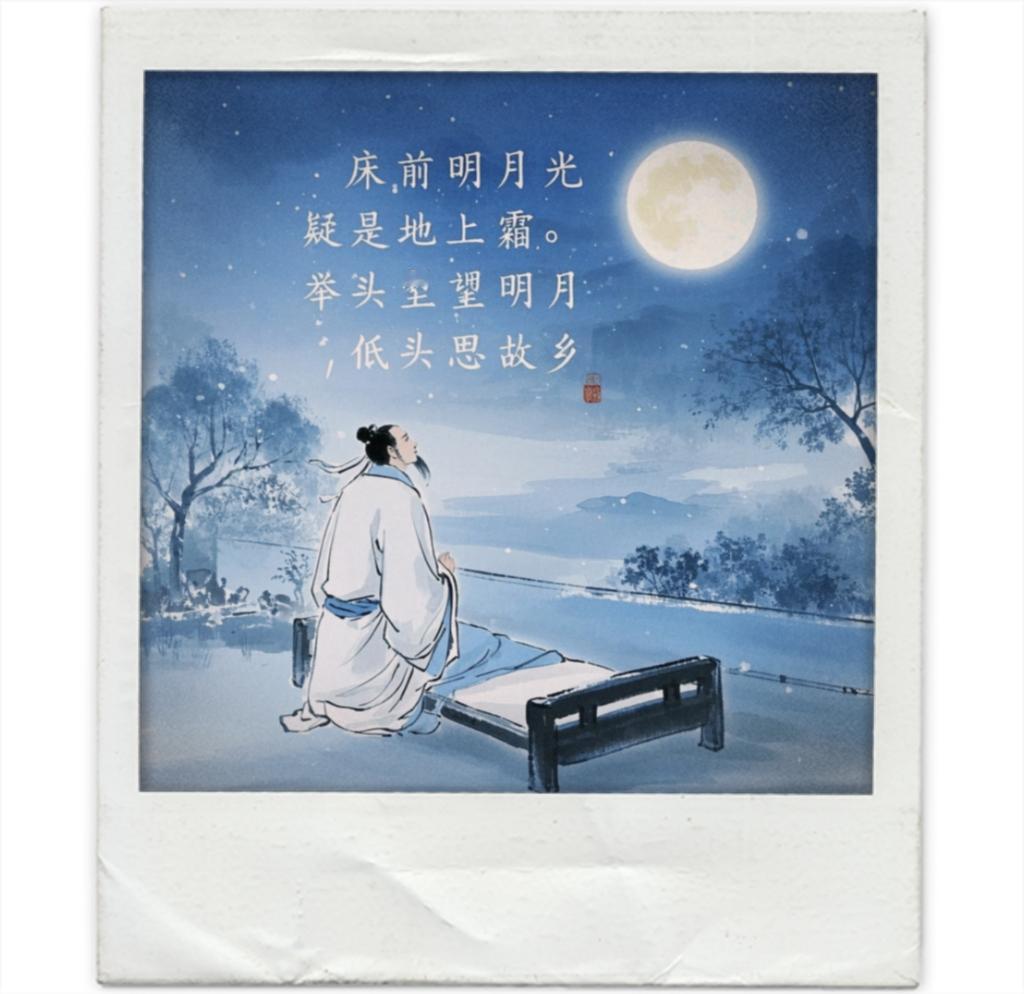 静夜思
床前明月光，疑是地上霜。
举头望明月，低头思故乡。