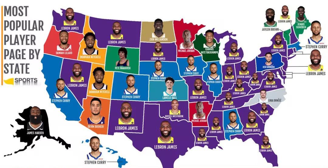 美国各州最喜欢的NBA球星：詹姆斯第一、库里第二詹姆斯的受欢迎程度排名第一，他在