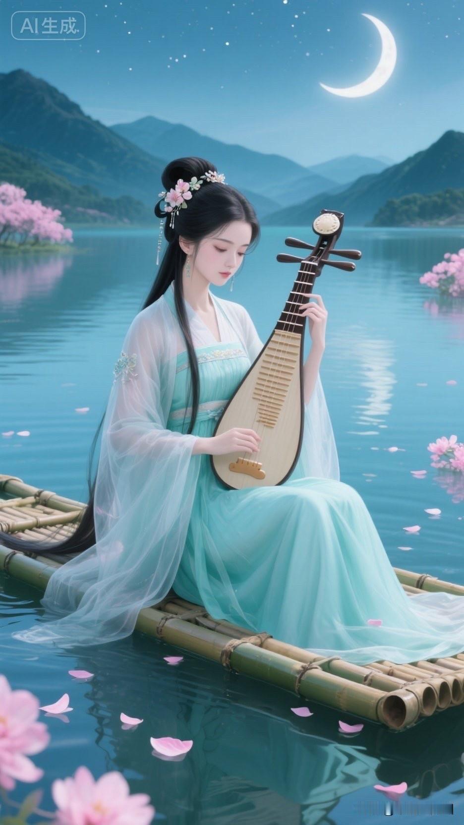 一位女子在湖上弹奏古筝，风景如画。