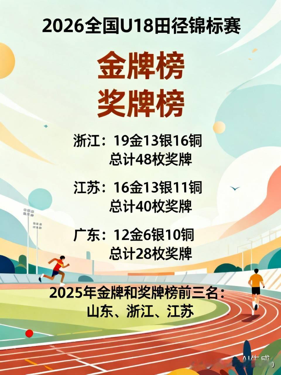 [玫瑰][玫瑰]2026全国U18田径锦标赛，金牌榜和奖牌榜前三名：
1，浙江：