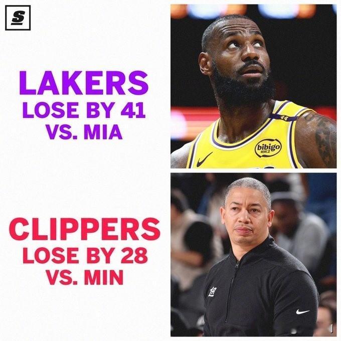 NBA：洛杉矶今天的难兄难弟

湖人惨败热火41分，快船输森林狼28分（最大分差