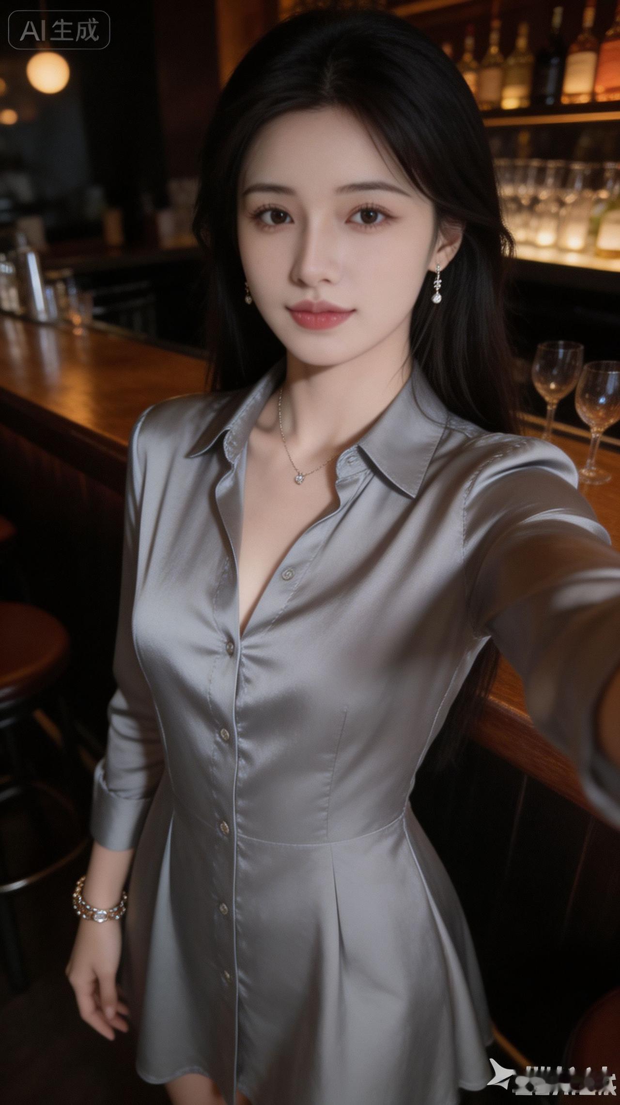 这个女孩在酒吧里自拍。