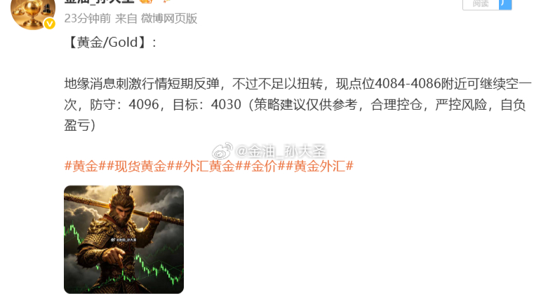黄金4085空，行情下测4050关口后回弹，报4057位置，空单280点利润快速