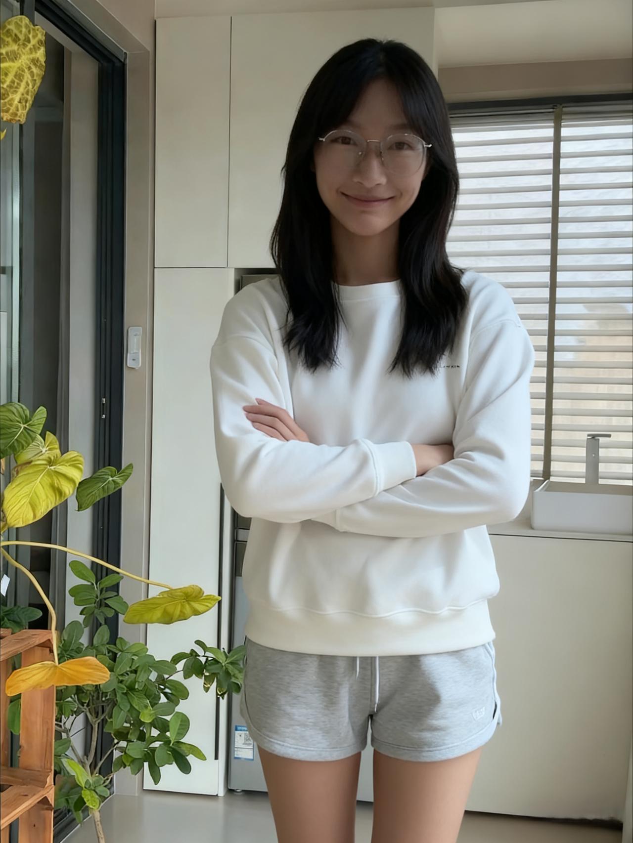 卫衣宽松裹玉身，双臂环胸笑意真。
窗外风光皆入画，青春正好不染尘。