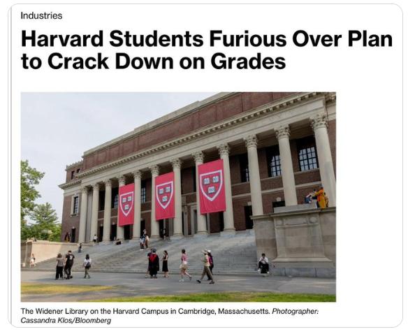 【哈佛大学顶尖学生的数量可能下降三倍。这所精英大学认为A等成绩已失去价值，目前约