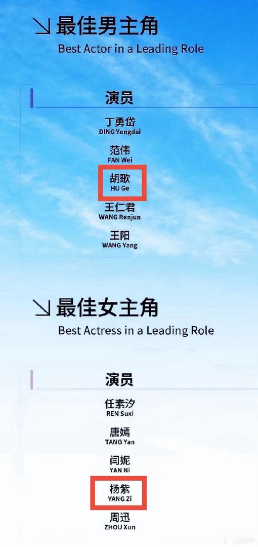 白玉兰最佳女主角：杨紫   最佳男主角：胡歌 