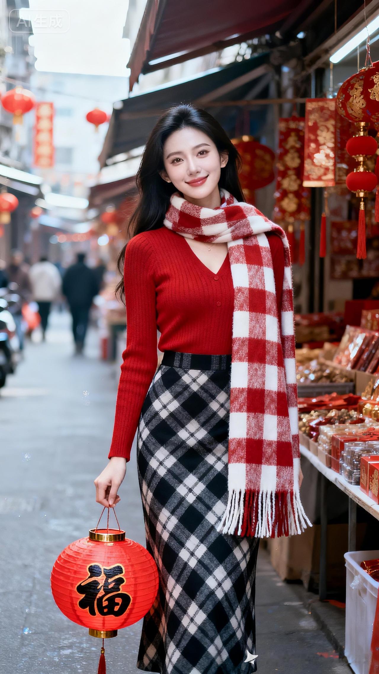 优雅中国美女，冷白皮冰瓷玉肌莹润有光，淡妆浅笑凝眸镜头，红针织配黑白格长裙、红白