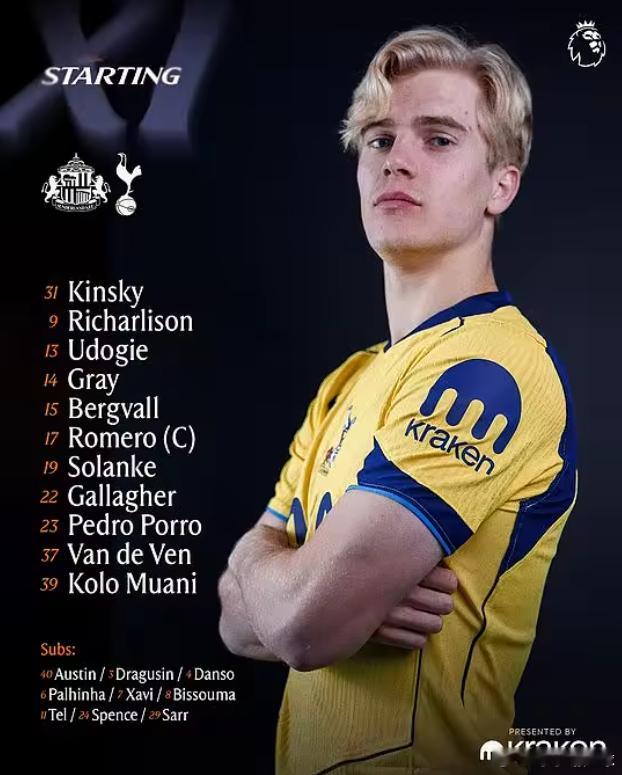 英超第32轮，热刺对阵桑德兰，赛前双方公布首发。热刺首发:31-金斯基、13-乌