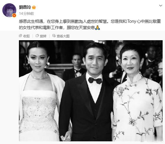 刘嘉玲发博悼念施南生刘嘉玲发文悼念施南生，幕后巾帼，见证整个港片辉煌。隐于镜头之