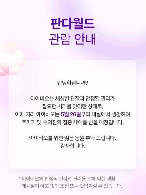 韩国熊猫世界发布参观须知：
大家好！
爱宝正处于需要细致观察和稳定管理的时期，因
