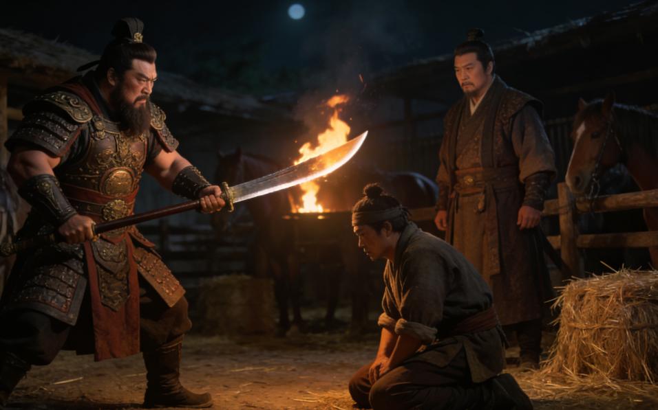 曹操夜巡马厩，撞见马夫把士兵的口粮掺进马草。侍卫拔刀欲杀，曹操却一把拦下，大笑着