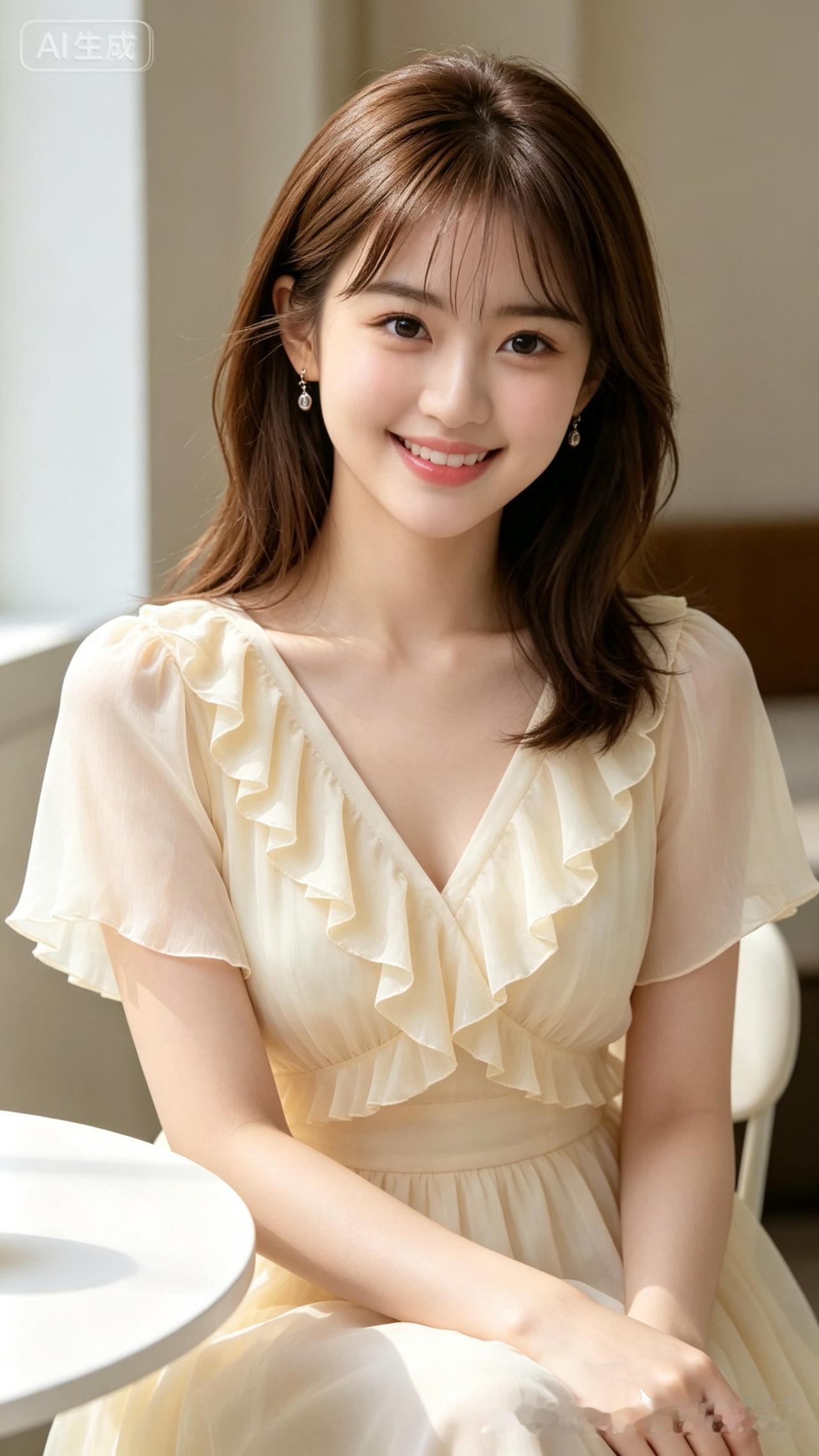 温柔甜美的女孩，穿着优雅的浅黄色连衣裙，微笑着面对镜头，散发着迷人的魅力。