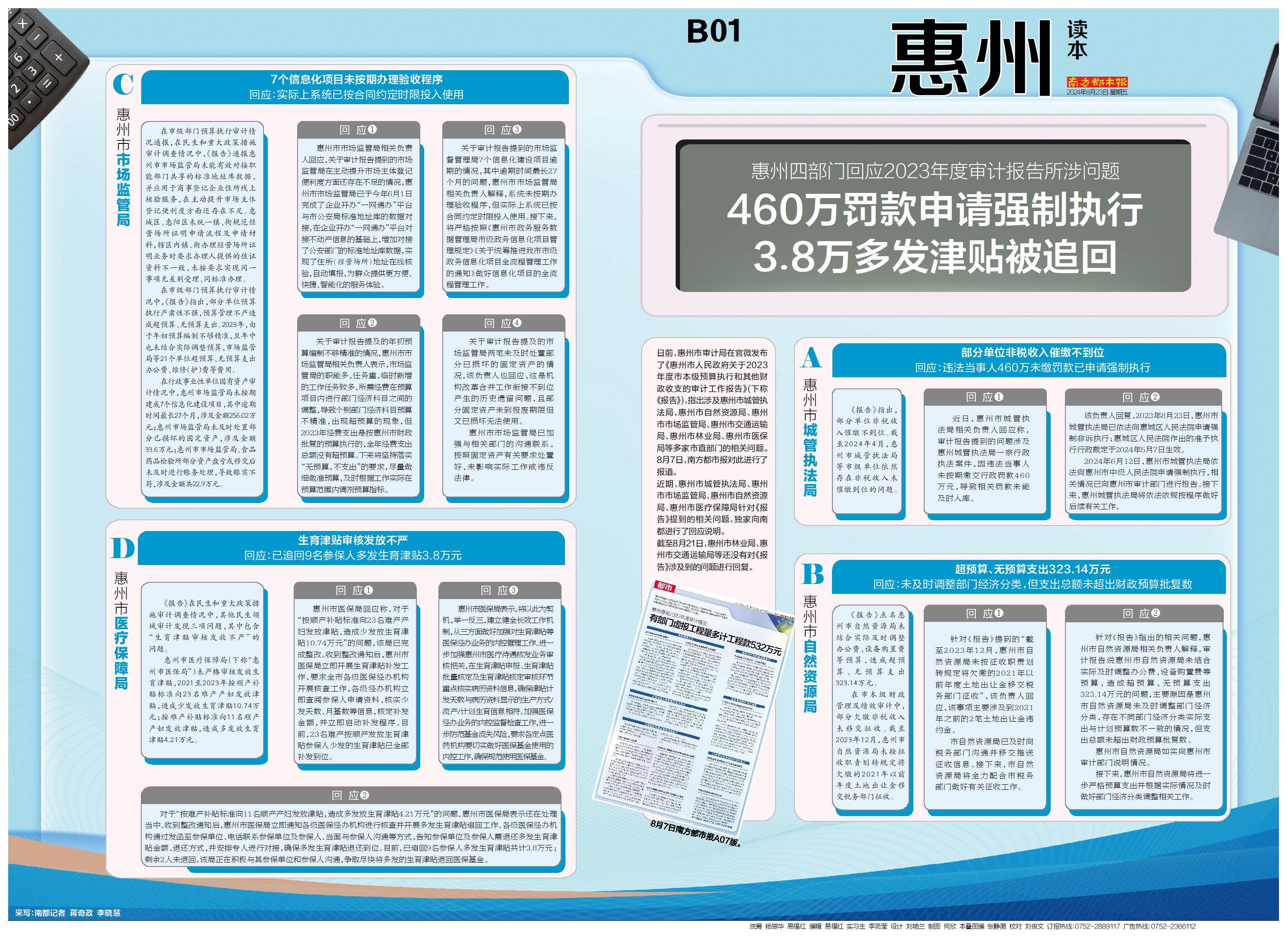 2023年度审计报告所涉问题, 惠州这些部门回应了