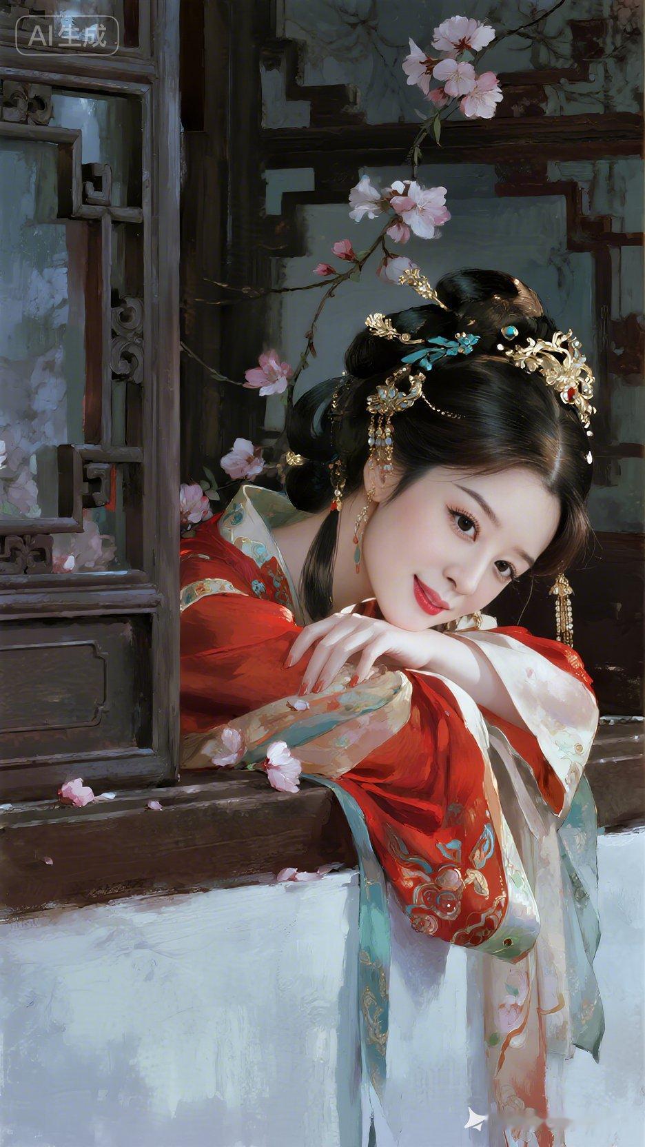 一个美女穿着古装靠在窗边。