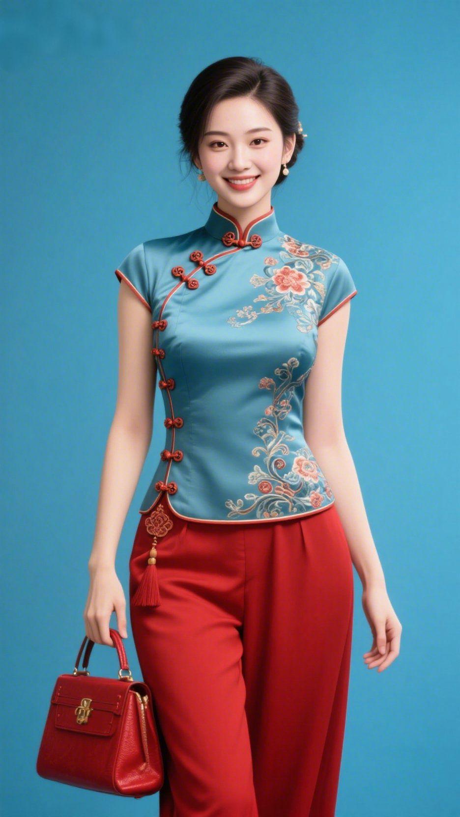 青襟红裳裹雅柔
 
青瓷色襟衫缀着花蔓绣纹，配一身正红裤装，像把春的清润与暖融揉