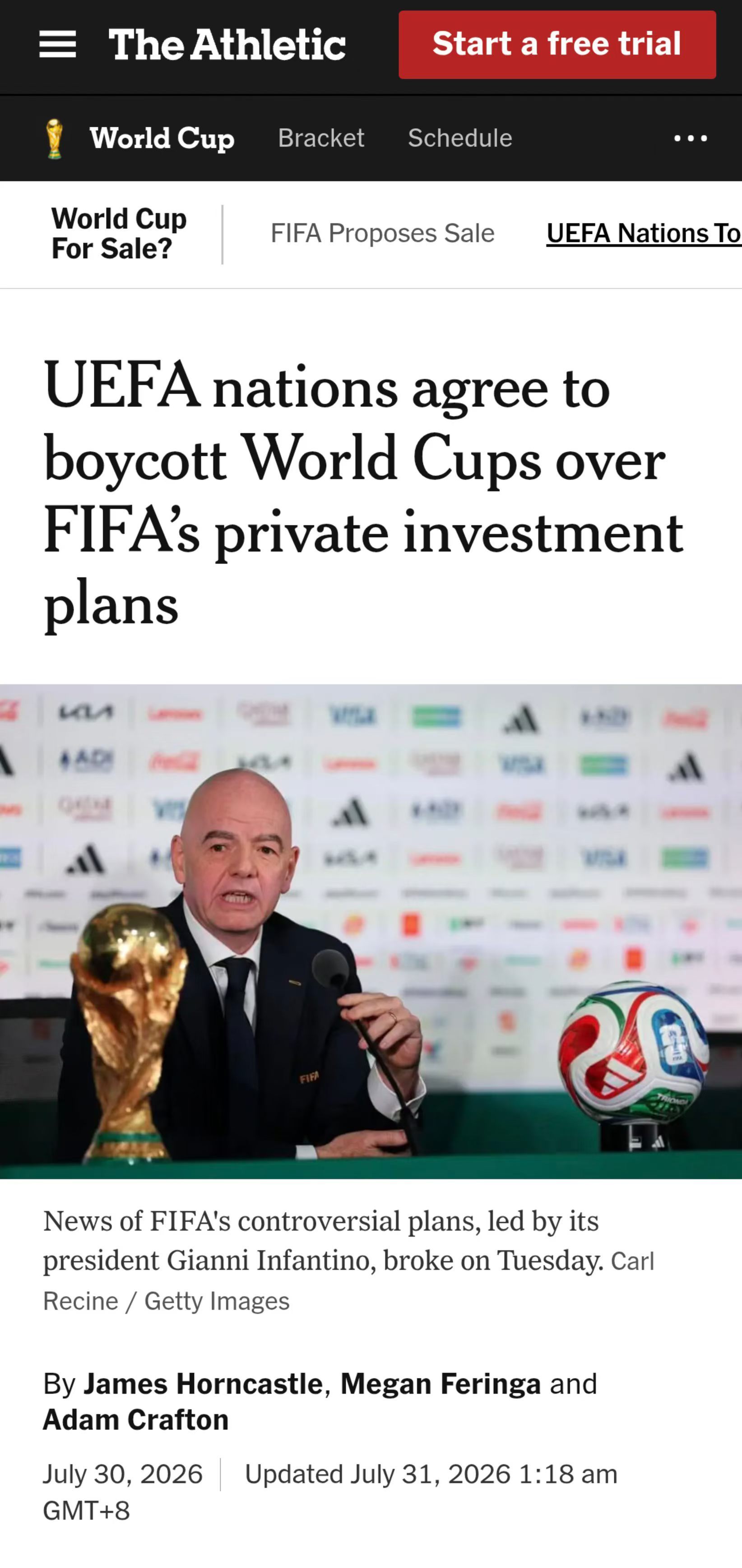 【欧足联国家因FIFA私人投资计划抵制世界杯】据The Athletic报道，因