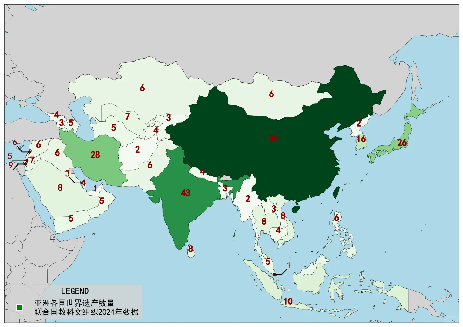 亚洲与欧洲各国的世界遗产数量