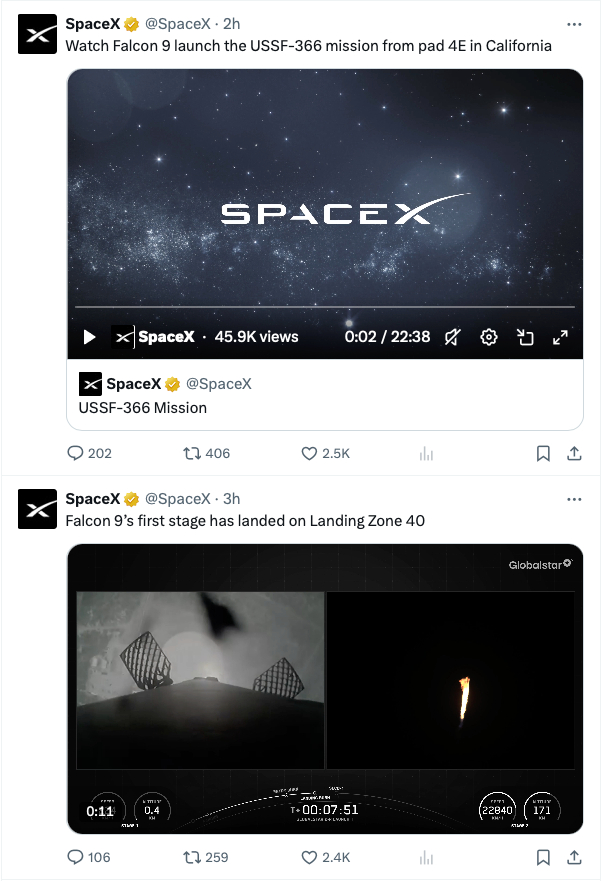 SpaceX 破纪录！38分钟内射两次！SpaceX在8/16/26 1:12 