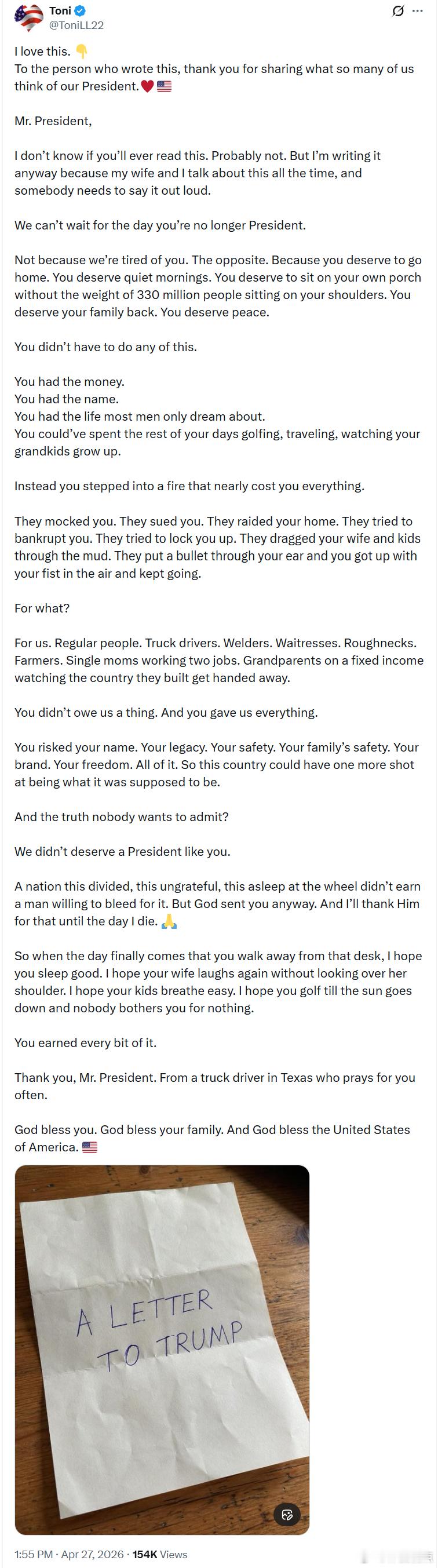 一位美国老乡给特朗普总统的一封信——总统先生：我不知道您是否会看到这封信。大概不